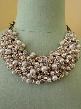 Talbots gold tone faux pearl, Rhinestone beads cluster collar statement necklace